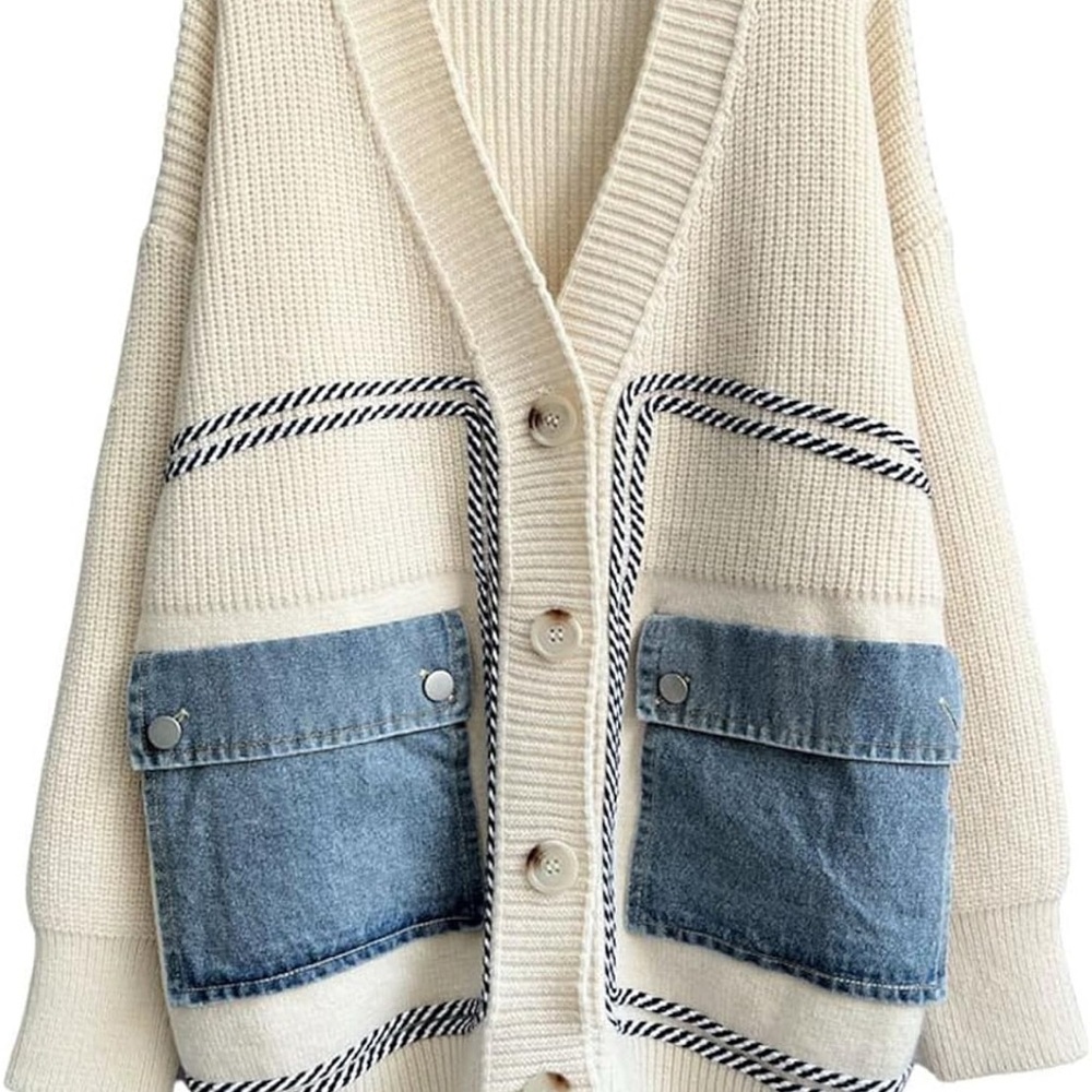 Elegant Cream Cardigan with Blue Denim Pockets
